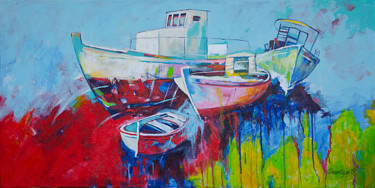 Schilderij getiteld "Boats" door Reza Davatgar, Origineel Kunstwerk, Acryl