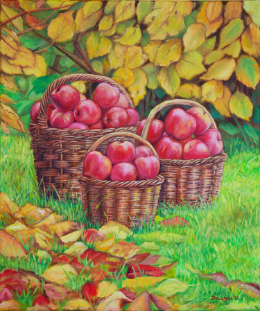Malerei mit dem Titel "Apfelkorb" von Reza Davatgar, Original-Kunstwerk, Öl