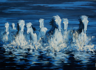 Painting titled "Ghost Pony Crossing" by Ritch Gaiti, Original Artwork, Oil Mounted on Wood Stretcher frame