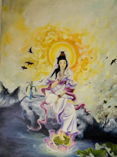 Painting titled "Kuan yin" by Rhagara, Original Artwork, Oil
