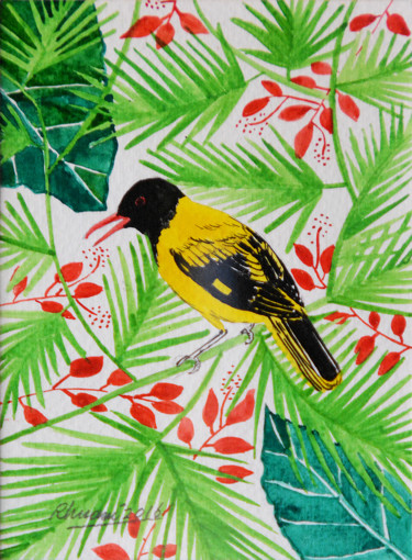 Painting titled "An Oriole in Spring" by Rhuani Rambukwelle, Original Artwork, Watercolor Mounted on Other rigid panel