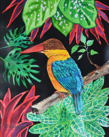 Painting titled "A Kingfisher’s Tale" by Rhuani Rambukwelle, Original Artwork, Watercolor Mounted on Other rigid panel