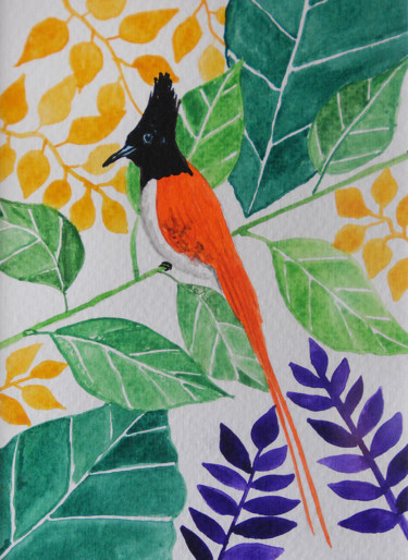 Painting titled "A Flycatcher’s Pose" by Rhuani Rambukwelle, Original Artwork, Watercolor Mounted on Other rigid panel