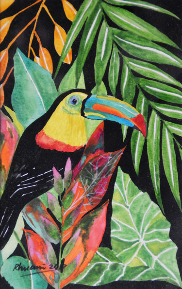 Painting titled "A Toucan in Color" by Rhuani Rambukwelle, Original Artwork, Watercolor Mounted on Other rigid panel