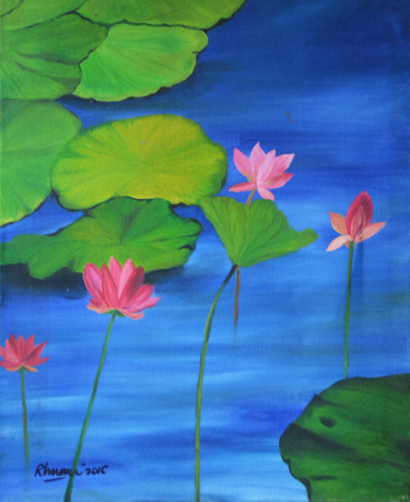 Painting titled "A Pink Lotus" by Rhuani Rambukwelle, Original Artwork, Oil Mounted on Wood Stretcher frame