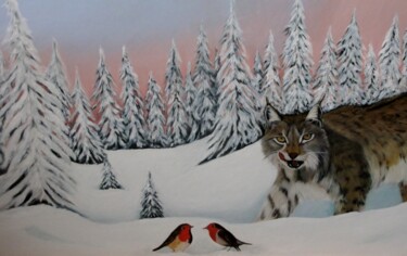 Schilderij getiteld "Lynx in de sneeuw" door Ria Strijker, Origineel Kunstwerk, Olie