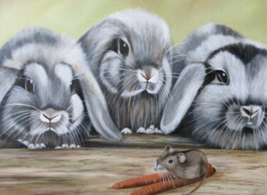 Schilderij getiteld "3 konijntjes en een…" door Ria Strijker, Origineel Kunstwerk, Olie