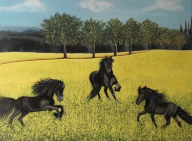 Painting titled "paarden in een kool…" by Ria Strijker, Original Artwork, Oil