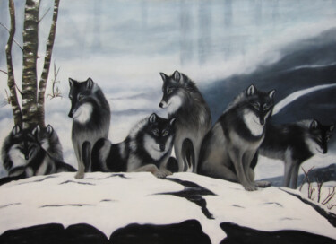 Schilderij getiteld "wolvenroedel" door Ria Strijker, Origineel Kunstwerk, Olie