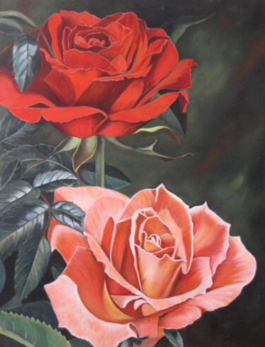 Картина под названием "2 rozen" - Ria Strijker, Подлинное произведение искусства, Масло