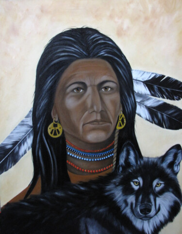 Schilderij getiteld "Indiaan/wolf" door Ria Strijker, Origineel Kunstwerk, Olie