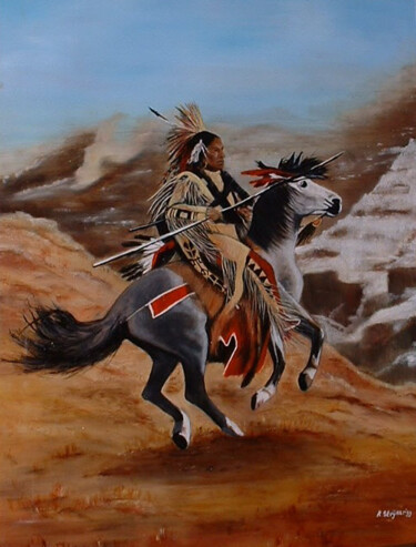 Painting titled "Indiaan te paard" by Ria Strijker, Original Artwork, Other