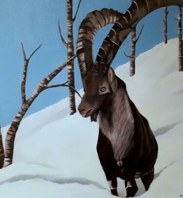 Schilderij getiteld "bokje in de sneeuw" door Ria Strijker, Origineel Kunstwerk, Olie