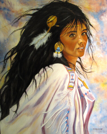 Painting titled "Indianen vrouw" by Ria Strijker, Original Artwork, Oil