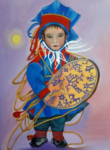 Schilderij getiteld "Sami jongen met trom" door Ria Strijker, Origineel Kunstwerk, Olie