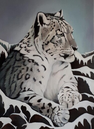 Painting titled "sneeuwluipaard" by Ria Strijker, Original Artwork, Oil