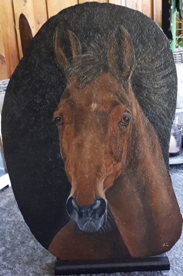 Peinture intitulée "paard op leisteen" par Ria Strijker, Œuvre d'art originale, Huile