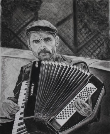 Drawing titled "L'accordéoniste" by Natacha Ribet, Original Artwork, Charcoal