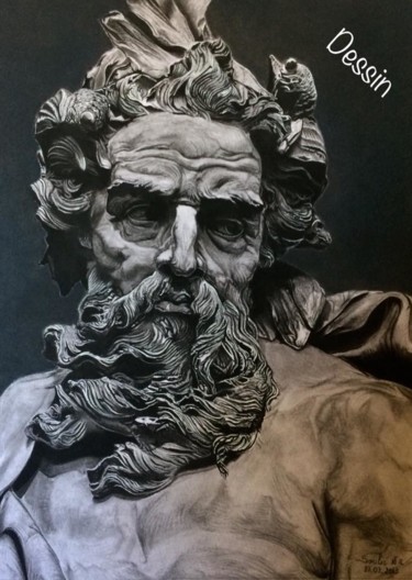 Drawing titled "Buste de Neptune" by Natacha Ribet, Original Artwork, Charcoal Mounted on Glass