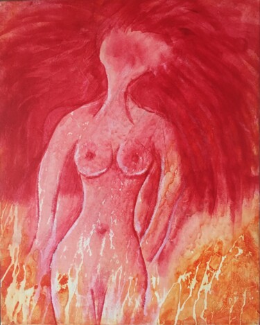Schilderij getiteld "Woman in Red" door Ricarda Simon, Origineel Kunstwerk, Acryl Gemonteerd op Frame voor houten brancard