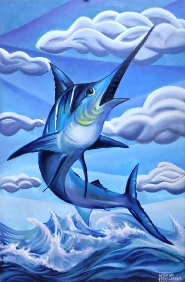 Painting titled "Espadarte-Azul" by Ricardo Carvalheira, Original Artwork, Oil Mounted on Wood Panel
