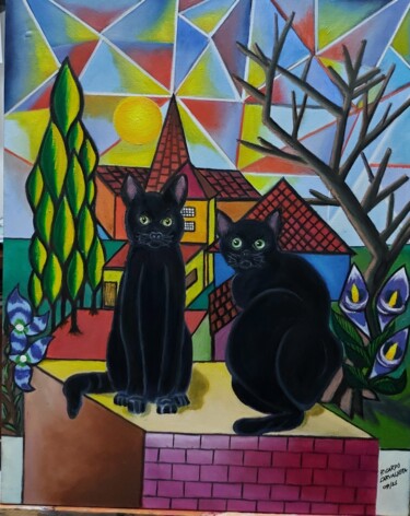 Painting titled "Noite Felina" by Ricardo Carvalheira, Original Artwork, Oil Mounted on Wood Panel