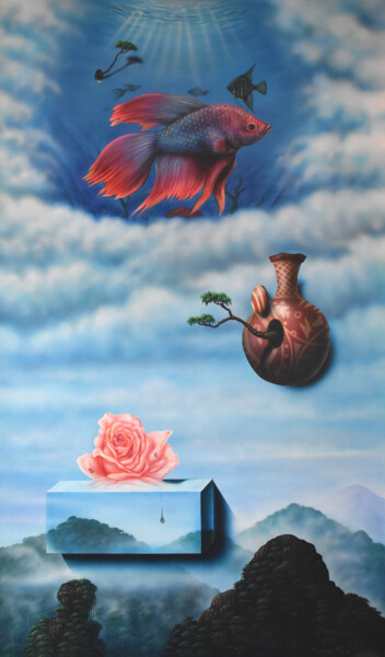 Malerei mit dem Titel "Fishing in Deep Sky" von Ricardo Maya, Original-Kunstwerk, Acryl