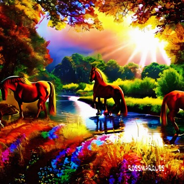 Digital Arts titled "Cavalos no lago" by Ricardo Ross Marques, Original Artwork, AI generated image