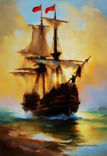 Digitale Kunst mit dem Titel "Navio pirata" von Ricardo Ross Marques, Original-Kunstwerk, KI-generiertes Bild