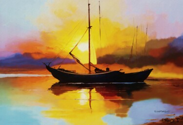 Arte digital titulada "Barco no por do sol" por Ricardo Ross Marques, Obra de arte original, Imagen generada por IA