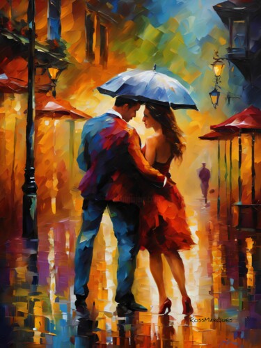 Artes digitais intitulada "Romance na chuva" por Ricardo Ross Marques, Obras de arte originais, Imagem gerada por IA