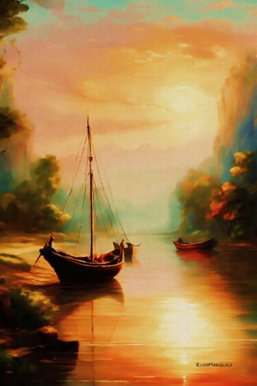 Artes digitais intitulada "Barcos ao por do sol" por Ricardo Ross Marques, Obras de arte originais, Pintura digital