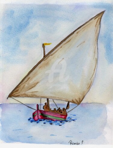 Peinture intitulée "barque catalan" par Ricardo Pietro, Œuvre d'art originale, Aquarelle