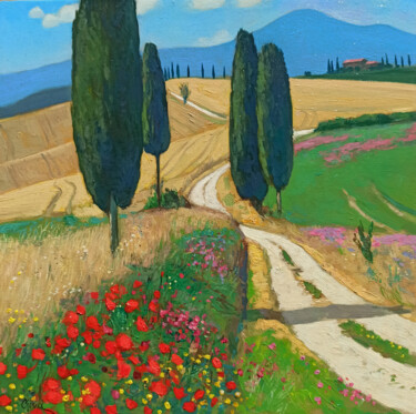 Painting titled "Tuscany landscape" by Riccardo Chirici, Original Artwork, Oil Mounted on Wood Stretcher frame