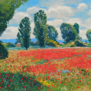 Painting titled "Tuscany poppies fie…" by Riccardo Chirici, Original Artwork, Oil Mounted on Wood Stretcher frame