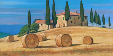 Painting titled "Tuscany summer land…" by Riccardo Chirici, Original Artwork, Oil Mounted on Wood Stretcher frame