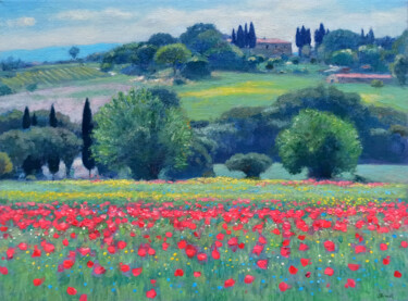 Malarstwo zatytułowany „Tuscany landscape p…” autorstwa Riccardo Chirici, Oryginalna praca, Olej Zamontowany na Drewniana ra…