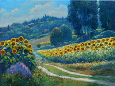 Painting titled "Sunflowers landscap…" by Riccardo Chirici, Original Artwork, Oil Mounted on Wood Stretcher frame