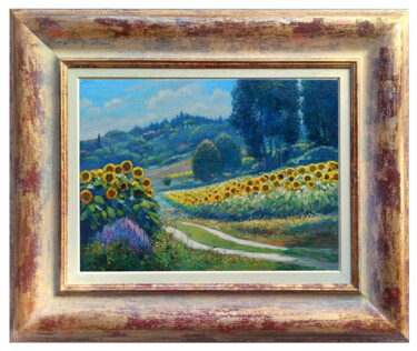 Painting titled "Sunflowers landscap…" by Riccardo Chirici, Original Artwork, Oil Mounted on Wood Stretcher frame