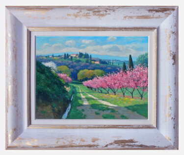 Painting titled "Flowery peach trees…" by Riccardo Chirici, Original Artwork, Oil Mounted on Wood Stretcher frame
