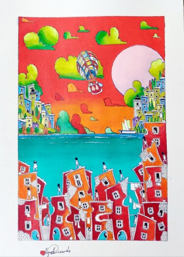 Painting titled "Città  in rosso" by Riccardo Magatti, Original Artwork, Acrylic