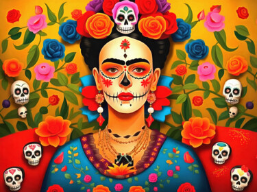 Цифровое искусство под названием "Frida Khalo con Cat…" - Riccardo Zullian, Подлинное произведение искусства, Цифровая живоп…
