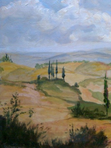 Pittura intitolato "Paesaggio-Tre_cipre…" da Riccardo Battigelli, Opera d'arte originale