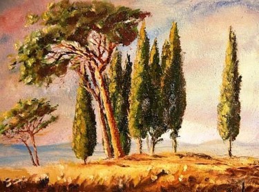 Pittura intitolato "Pini e Cipressi in…" da Riccardo Battigelli, Opera d'arte originale