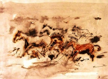 Pittura intitolato "Mustang in libertà" da Riccardo Battigelli, Opera d'arte originale