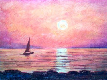 Pittura intitolato "Tramonto con vela -…" da Riccardo Battigelli, Opera d'arte originale