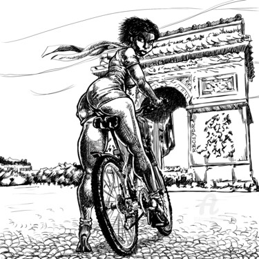Arts numériques intitulée "Paris-à-vélo-nb" par Rice Bare, Œuvre d'art originale, Peinture numérique