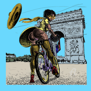 Digital Arts titled "Paris-à-vélo-sexy" by Rice Bare, Original Artwork, Digital Painting