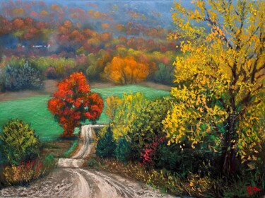 Painting titled "Autumn road" by Rich Arriagada, Original Artwork, Pastel