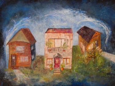 Painting titled "Three Houses" by Rich Leyden, Original Artwork, Oil